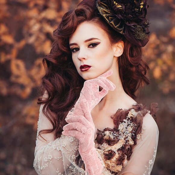 Women Pink Short Tea Wedding Bridal Fashion Opera Halloween Cosplay Lace Gloves - Picture 2 of 8